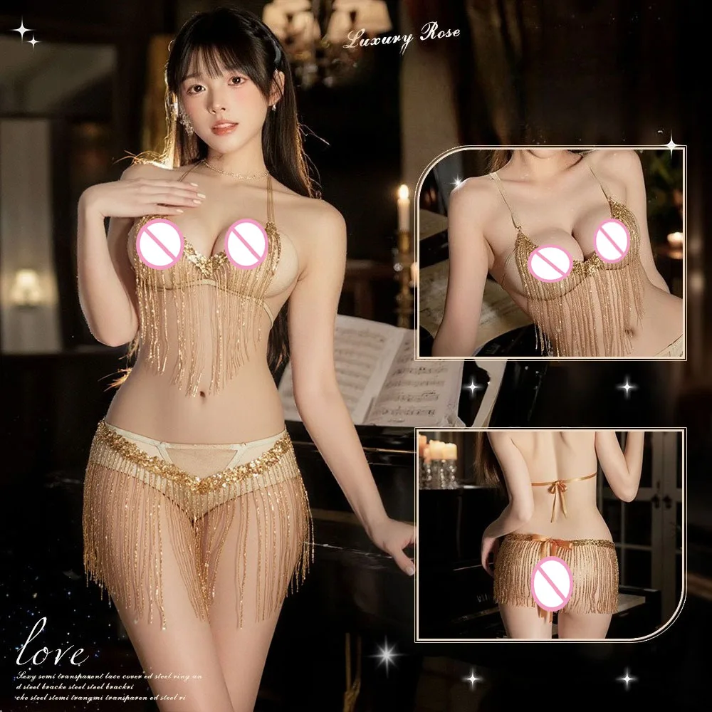 

New Tassel Crotch Opening Perspective Dancer Three-point Set Sexy Swimsuit Lingerie Exposed Buttocks Gold Fashion Women Top Set