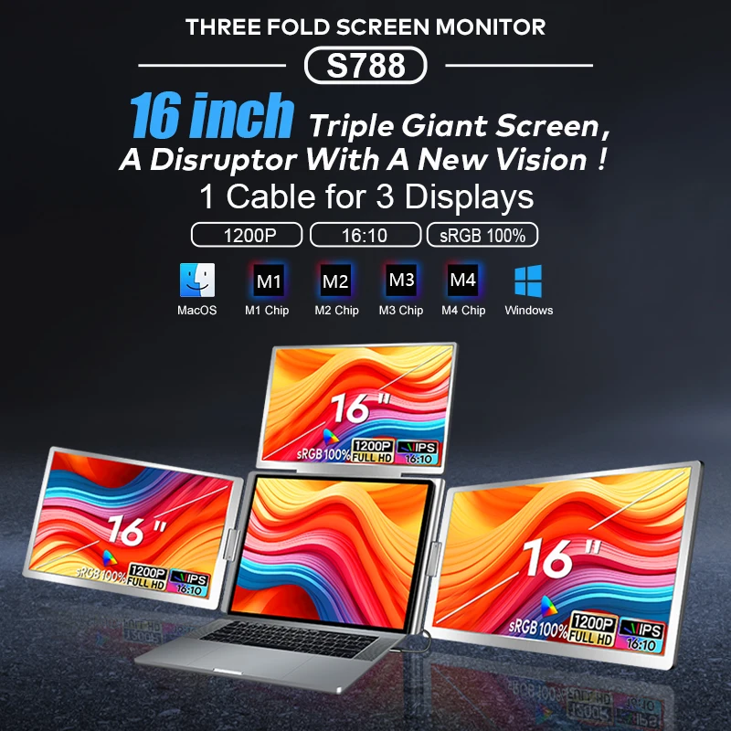 

excellent Quad Monitor Screen Display Extender Portable Monitor for Laptop ,Top Display Flip 180° Left and Right Display Fold