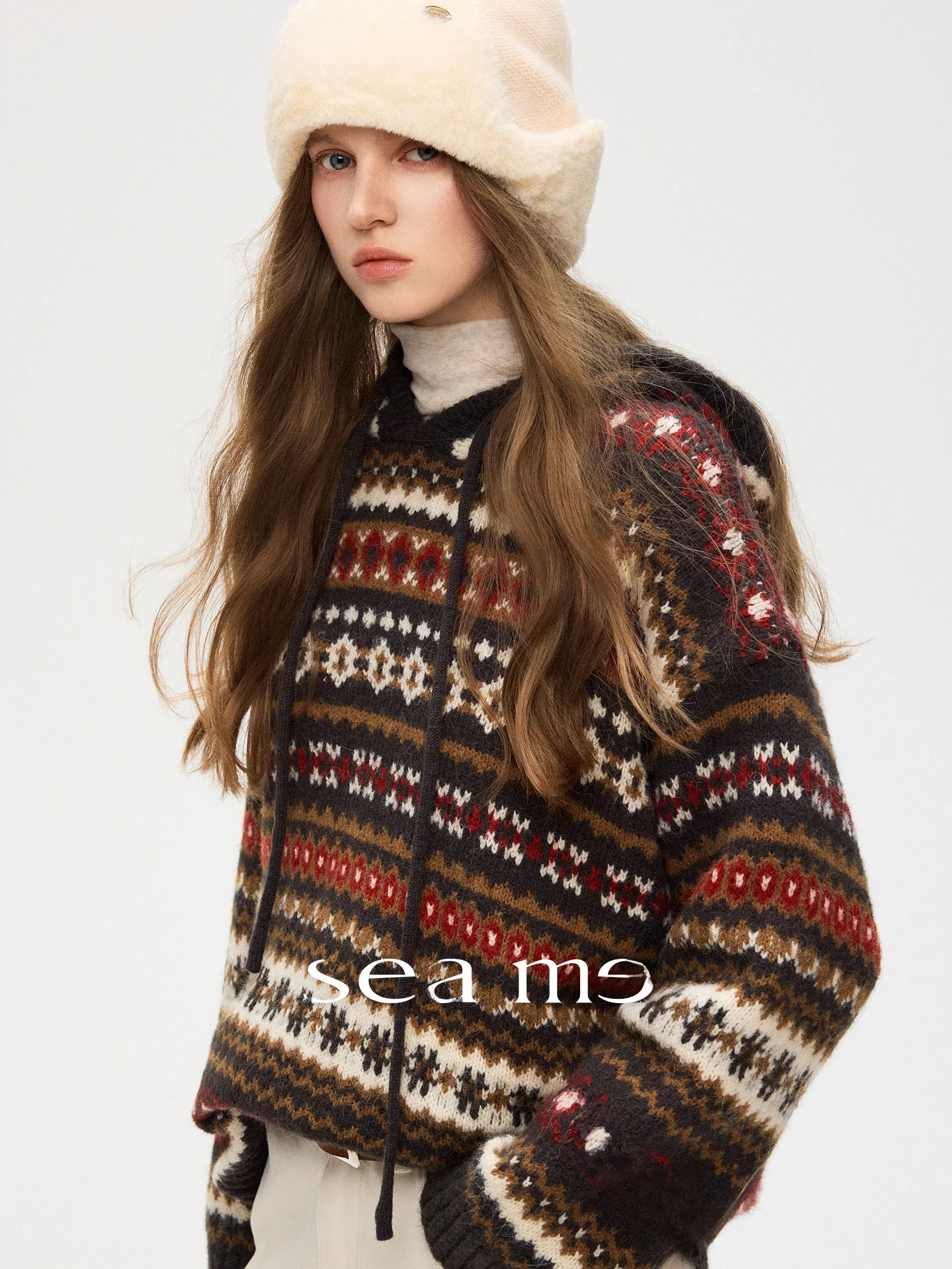 

Женский вязаный свитер Se Tide Snow Peak из смесовой шерсти с капюшоном, теплый повседневный пуловер с длинными рукавами, утолщенный трикотаж