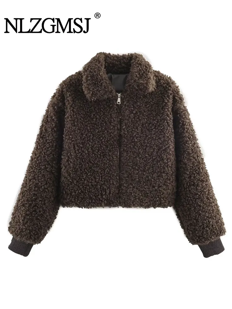 

Nlzgmsj Winter Women's Bromn Fleece Jacket New Long Sleeve Zipper Laple Leisure High Street Short Jacket Women Fleece Coat