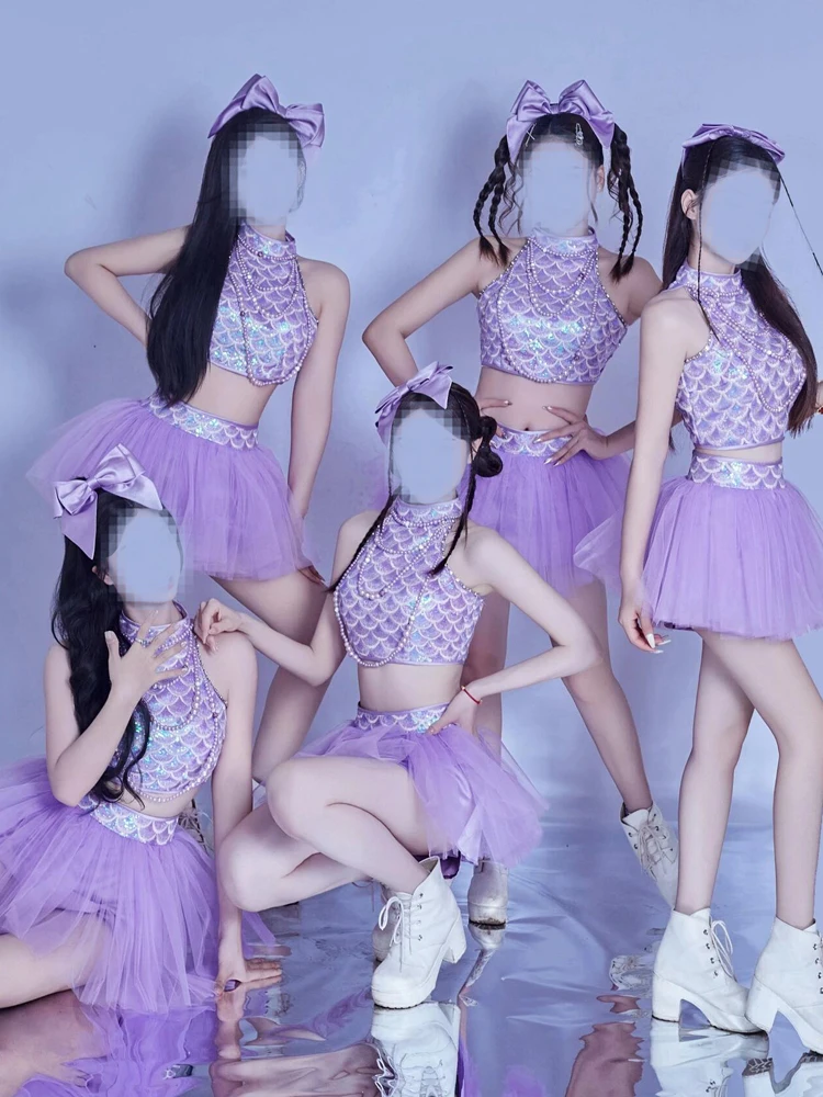 KPOP Female Group Performance Outfit Purple Sequin Hanging Necklace Pearl Puffy Tulle Skirt Set Jazz Dance Stage Performance ...