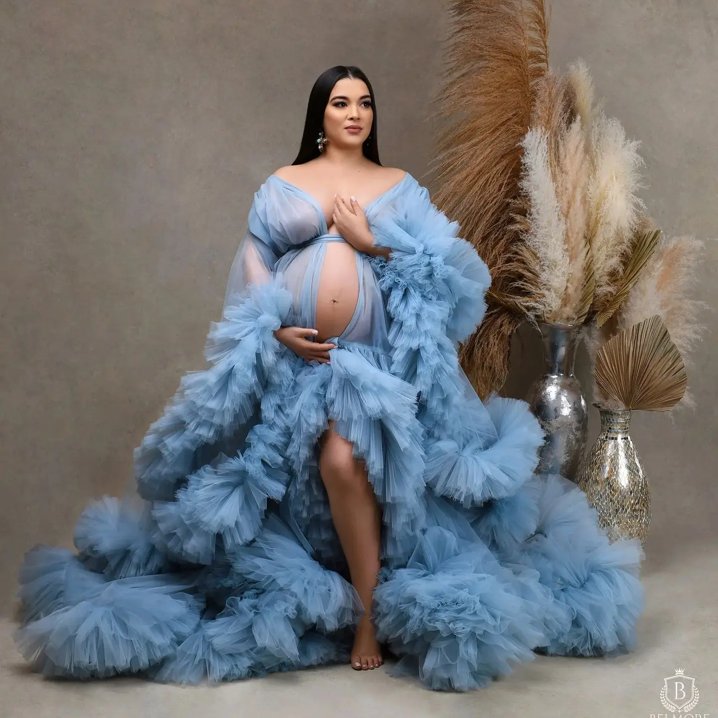 

Charming Blue Maternity Robes for Photoshoot A Line Tiered Ruffles Pregnant Women Dresses Sexy Floor Length Babyshower Gowns