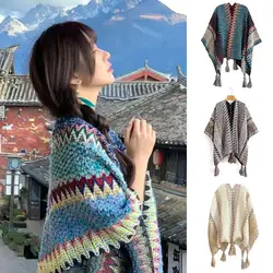 Ethnic Style Mongolian Poncho Coat Overlays Striped Winter Warm Knitting Wraps Polyester Cardigan Tassel Shawl Women Fashion