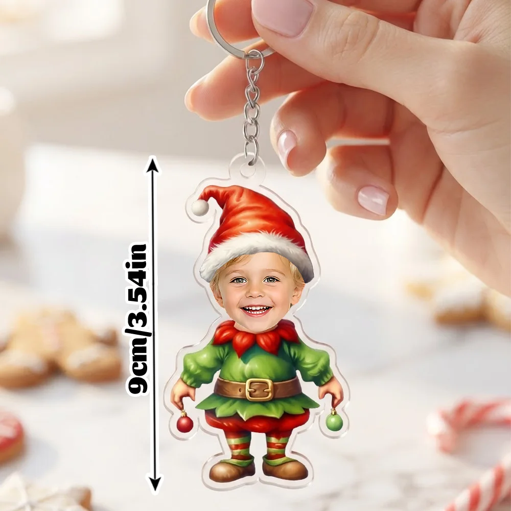 Customized Acrylic Photo Key chain, Cute Christmas Elf Cartoon Figure, Custom Face Portrait, Festive Xmas Party Gift