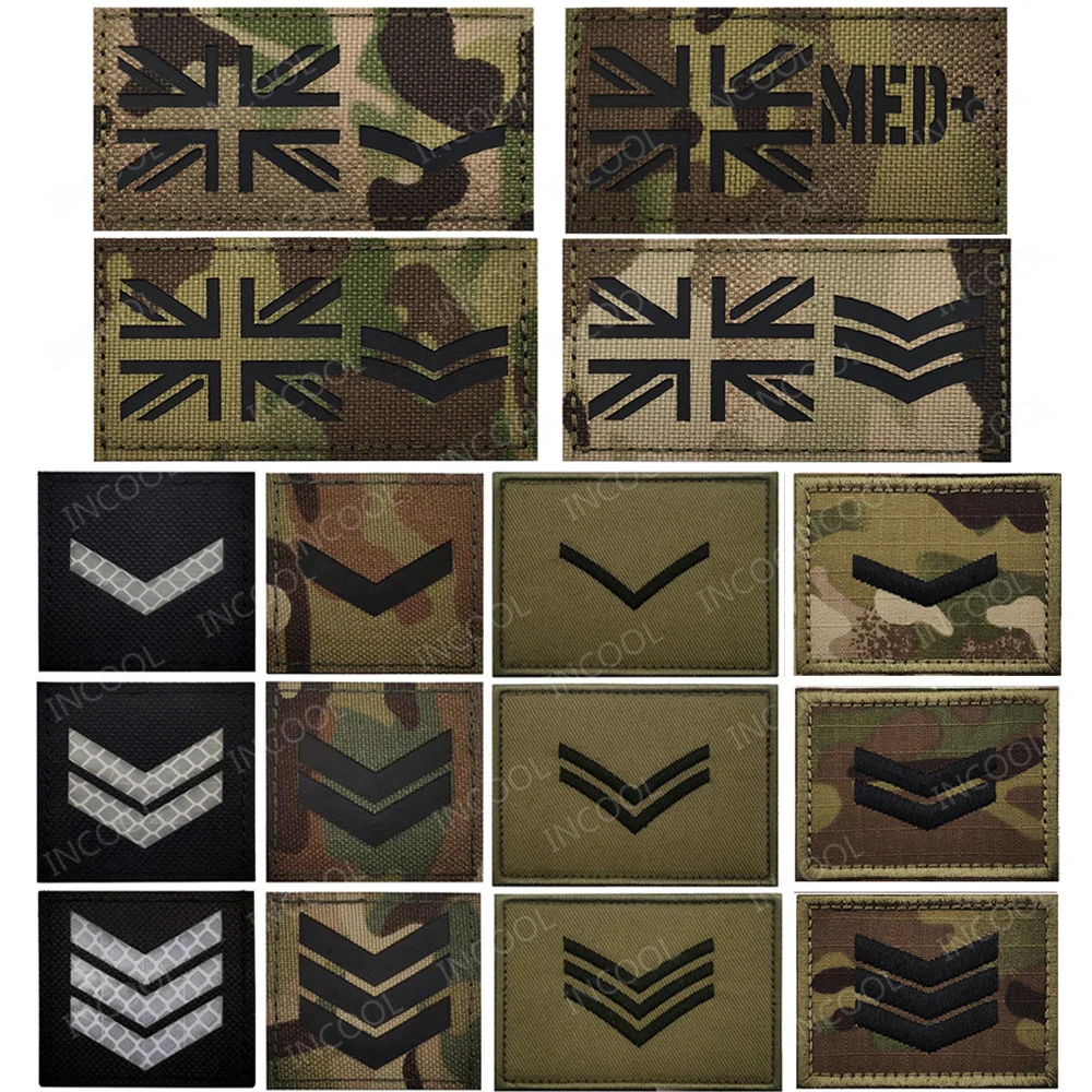 UK Flag IR Reflective Embroidered Patches Appliqued Uniform Rank Shoulder Armband MP MED For Cap