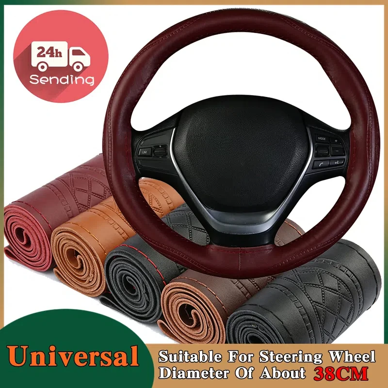 Universal Hand Sewing Car Steering Wheel Braid Cover 38cm Fashion Embossed Leather With Needles And Thread Car Cover DIY