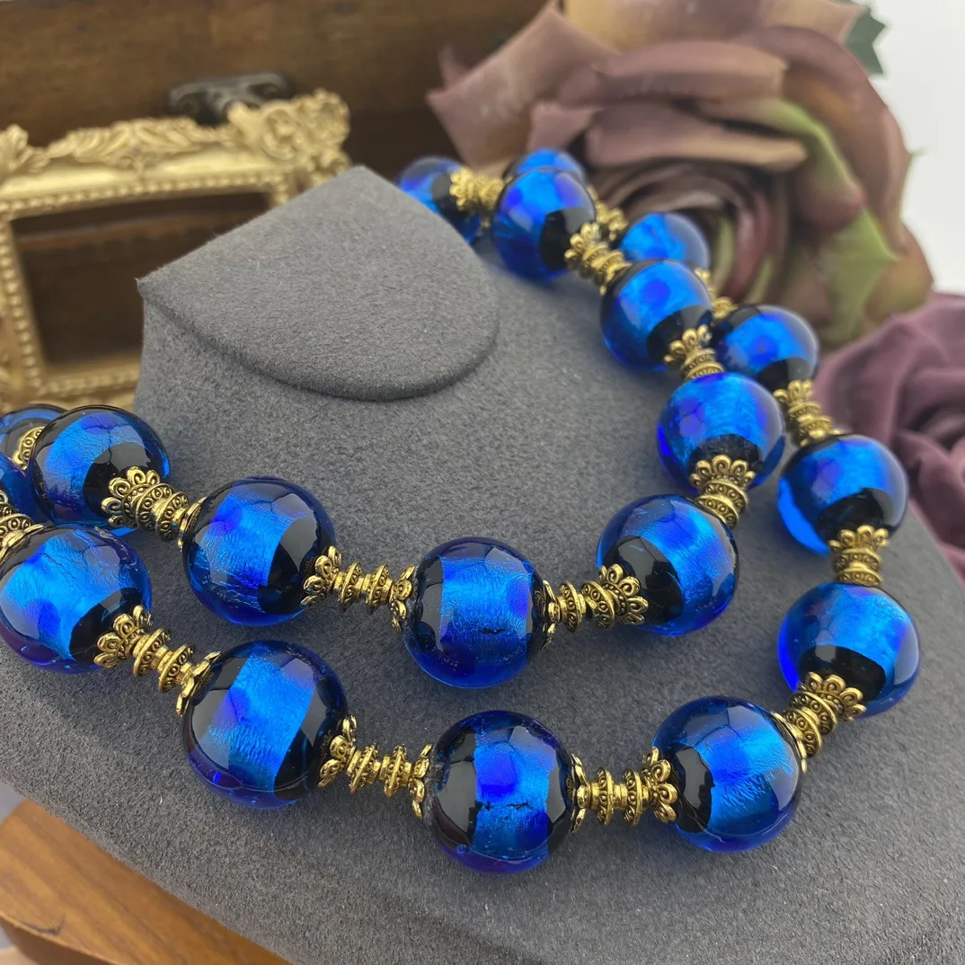 Middle Vintage Blue Demon Gold Plated glass Can Double Layer Wear Can Wear A Single Fashion Long Necklace Jewelry For Women