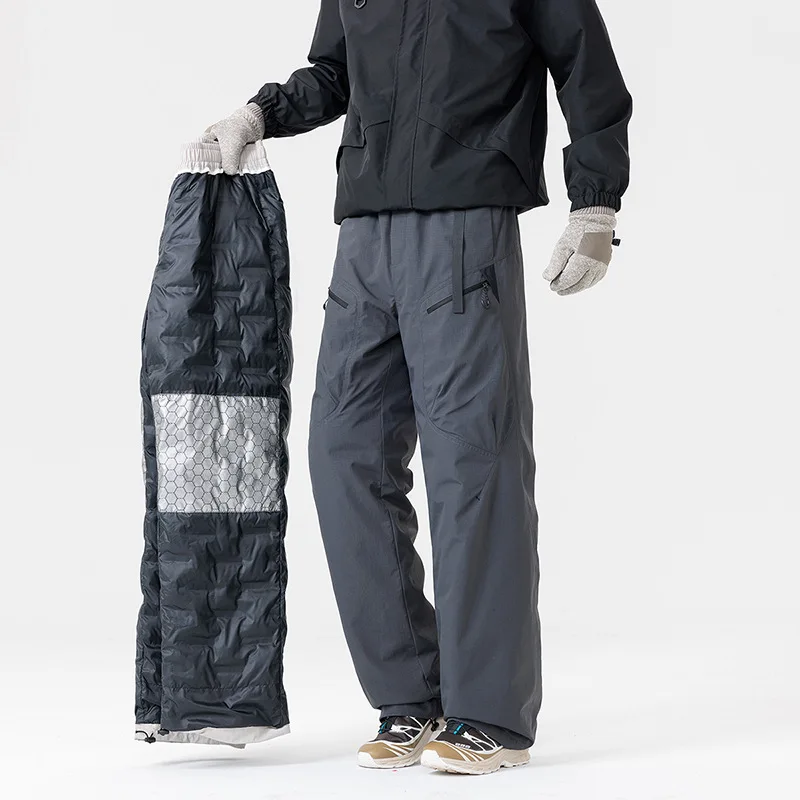 Men's Winter Down Warm Pants​​ Outdoor Waterproof Windproof Straight Ski Trousers​​ 90% White Duck Down Padded Pants