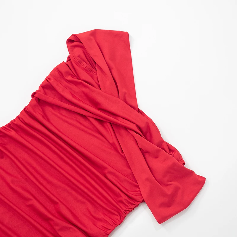 CUTENOVA Women'S Spring And Summer New Asymmetric One-Shoulder Camis Solid Color Twisted Sexy Shrink Pleated Package Hip Dress