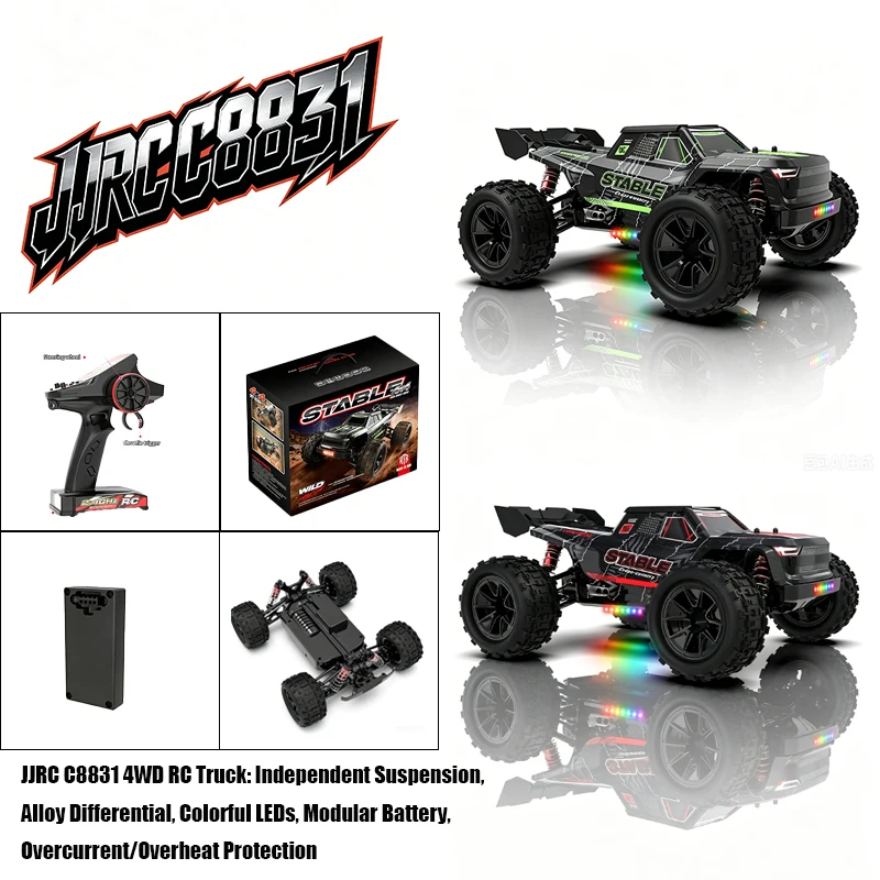 JJRC C8831 4WD RC Truck Independent Suspension Alloy Differential, Colorful LEDs Modular Battery Overcurrent/Overheat Protection