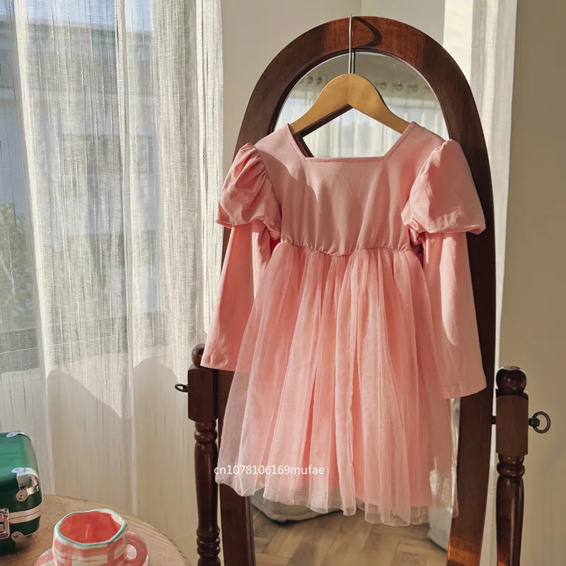 korean-style-children's-clothing-puff-sleeve-fake-two-piece-mesh-girl's-dress-autumn-elegant-children's-dress