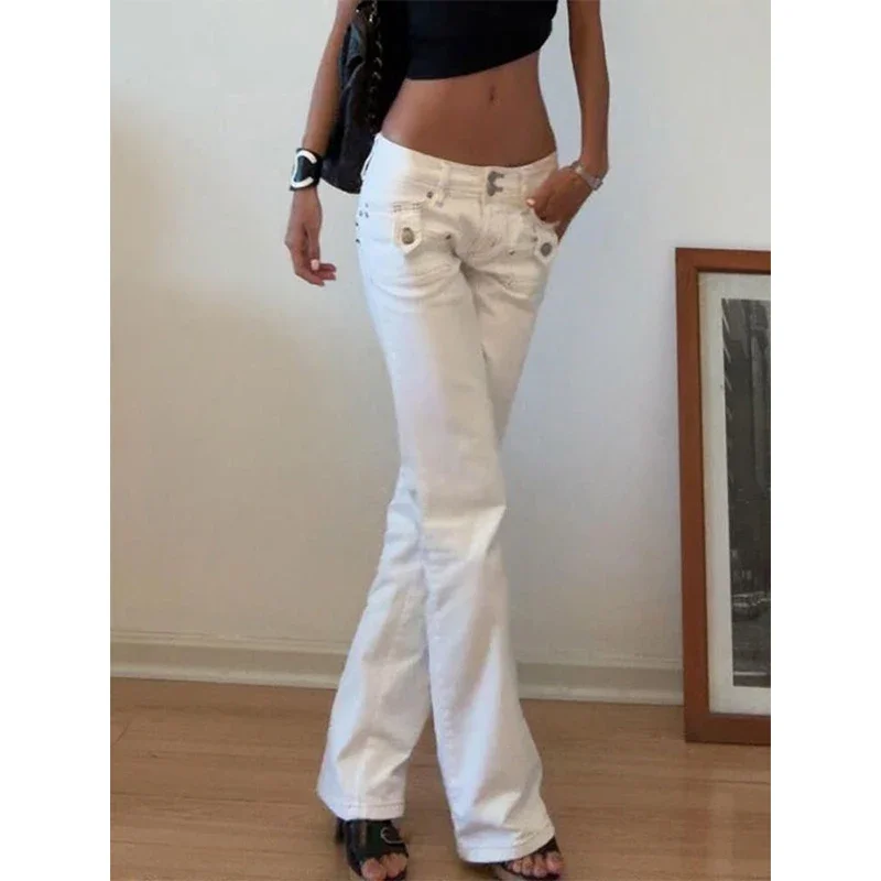 2025 الخريف النساء خمر الأبيض منخفضة الخصر مضيئة الجينز التخسيس طماق Faionable Bootcut السراويل الشارع الشهير Y2k سراويل جينز