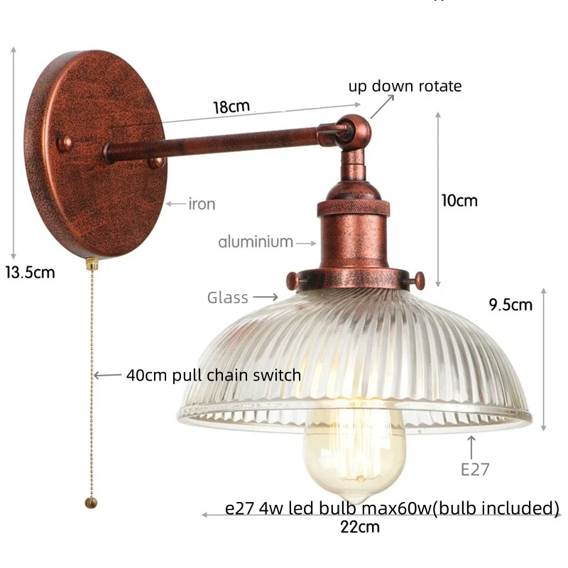 IWHD Indoor Vintage LED Wall Light Iron Pull Chain Switch Bathroom Mirrors Dining Room Decor Rustic Industrial Loft Bedside Lamp