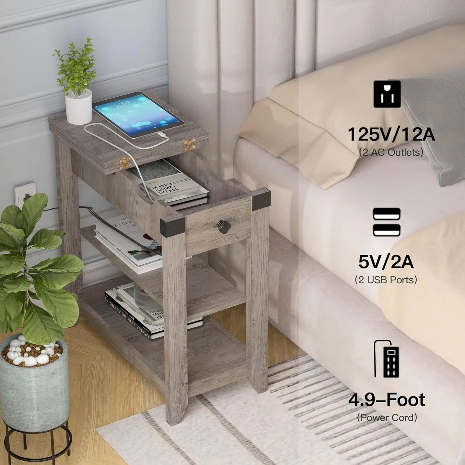 Mesa final estreita com estação de carregamento, mesa lateral flip top com portas e tomadas USB, mesa de cabeceira de fazenda com armazenamento