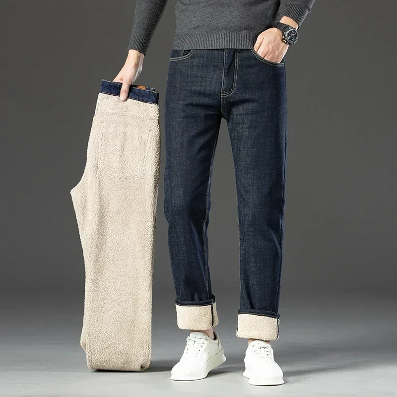 Thick Winter Men's Straight Business Fleece Jeans Warm Casual Classic Comfortable Stretch Velvet Denim Trousers Male