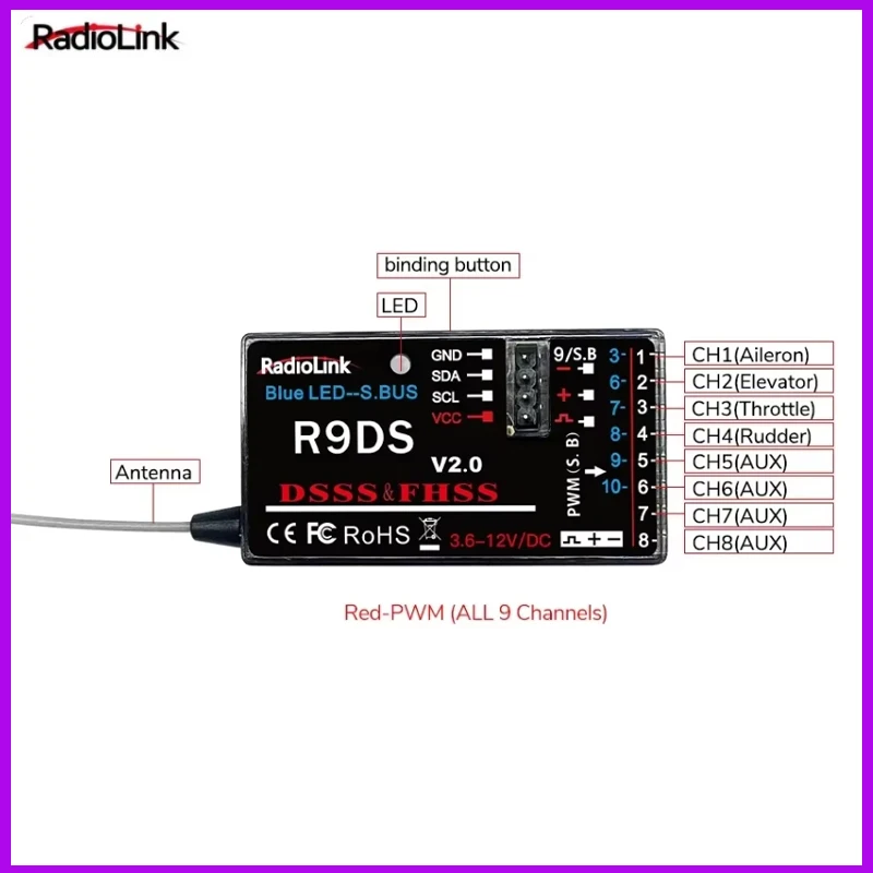 

RadioLink R9DS RC Receiver 9 Channels Flight Information Transmission SBUS/PWM/PPM Signal Compatible AT9 AT9S FPV
