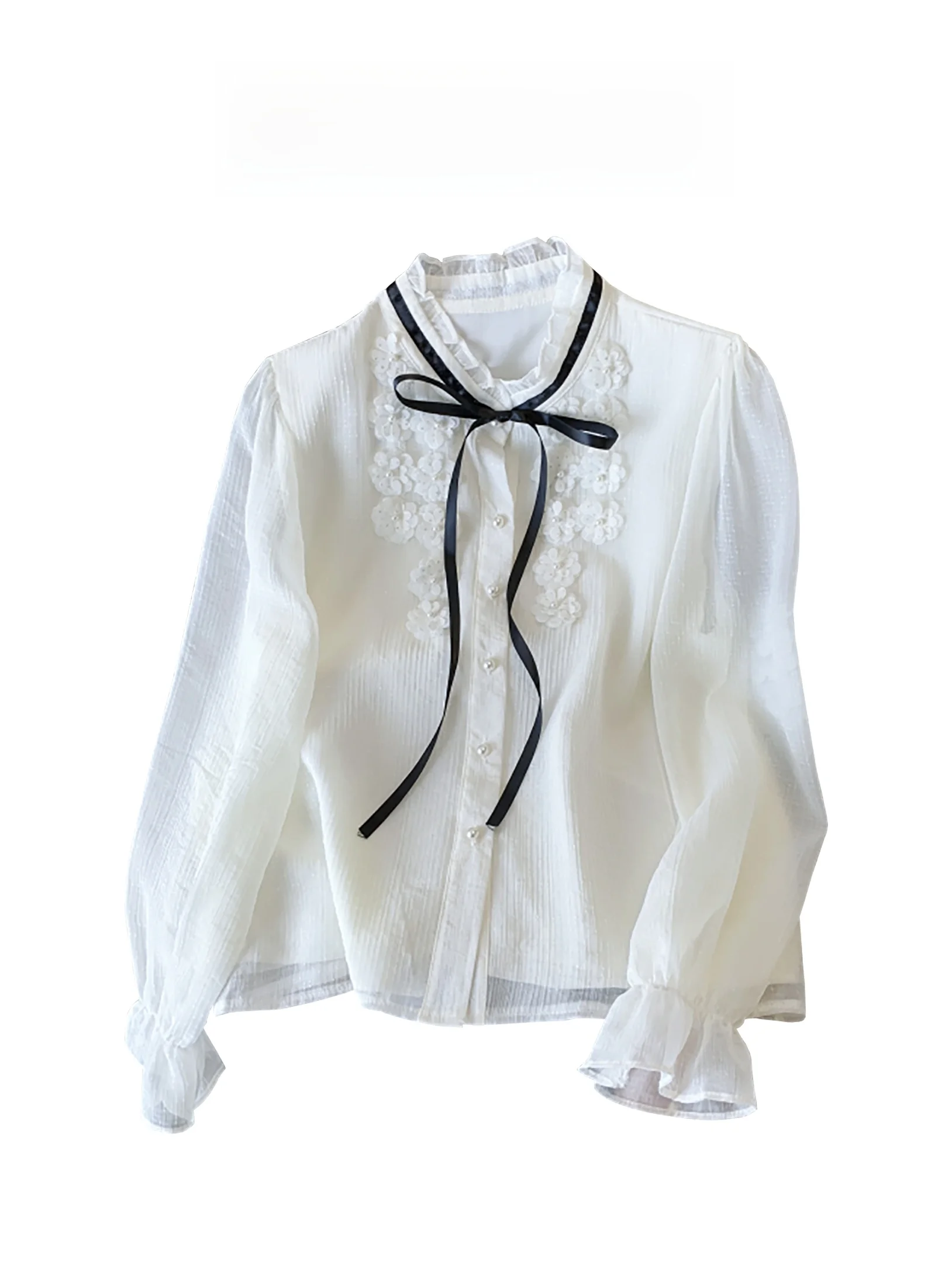 

Ele Sweet Stand Collar Long Sve Women's irt Spring New Sle Charming Knot Silk Blouse Faionable Commute