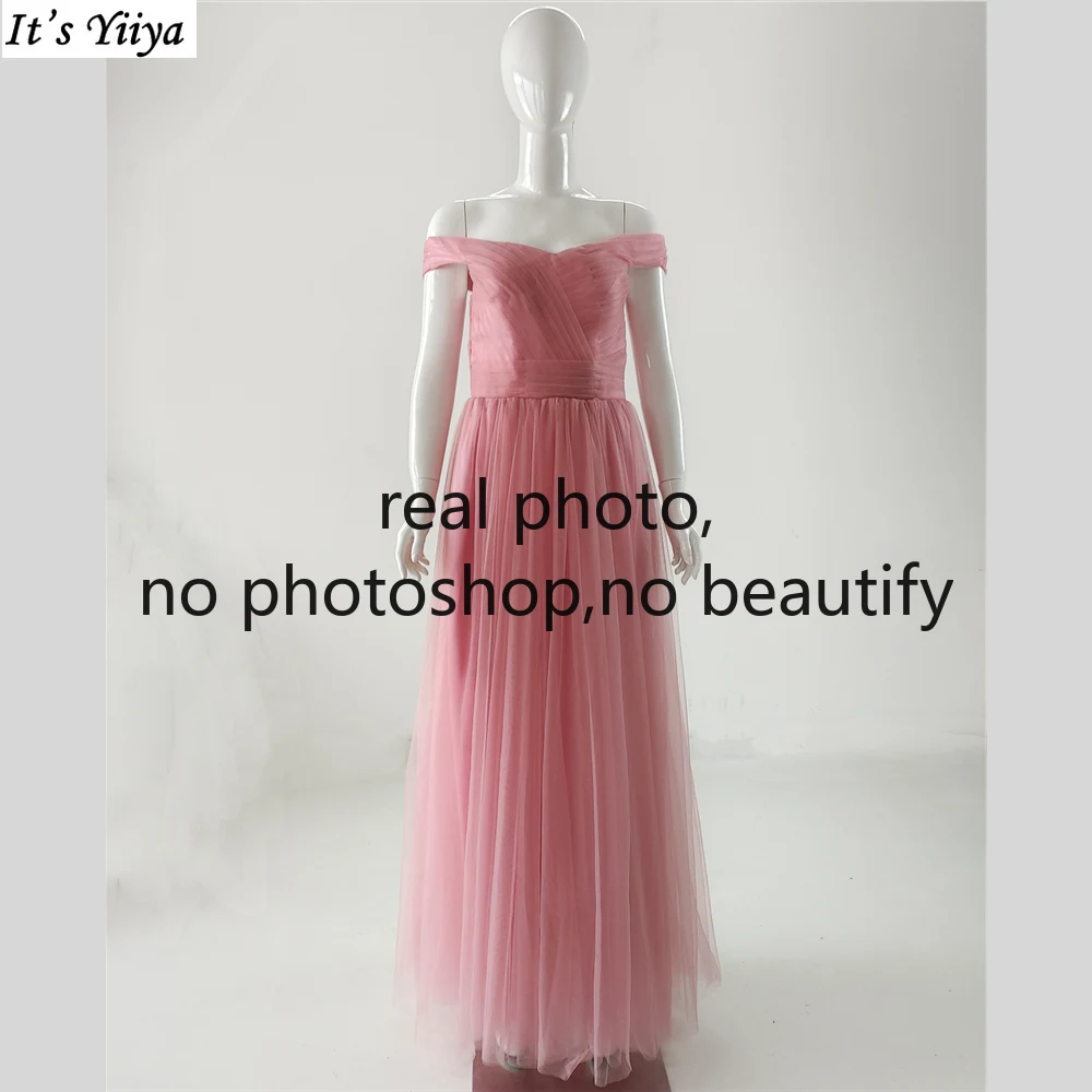 

It's Yiiya Real Photo Evening Dresses Pink Tulle Pleat Off the Shoulder Lace up A-line Floor Length Plus size Formal Party Gowns