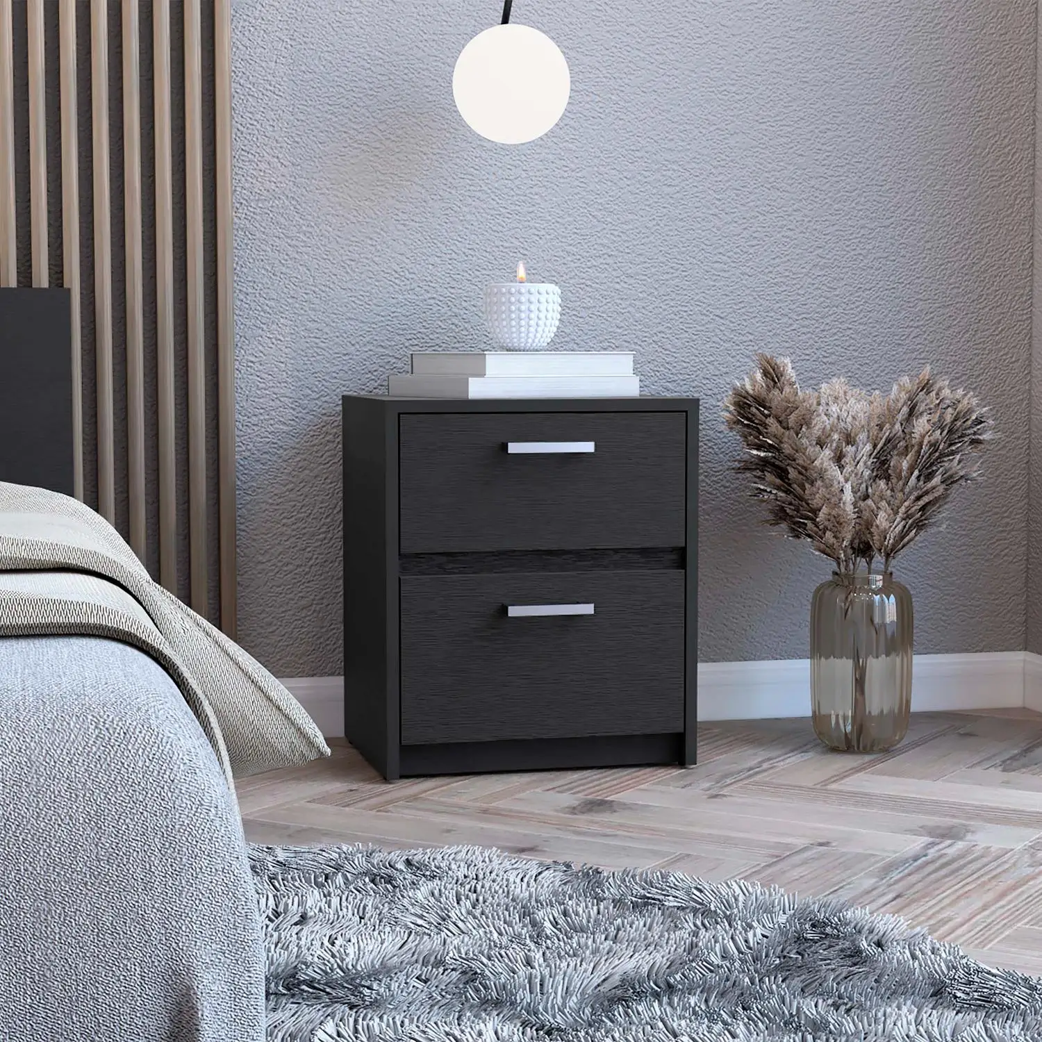 

Trivor 2 Drawers Nightstand, Metal Handles Black