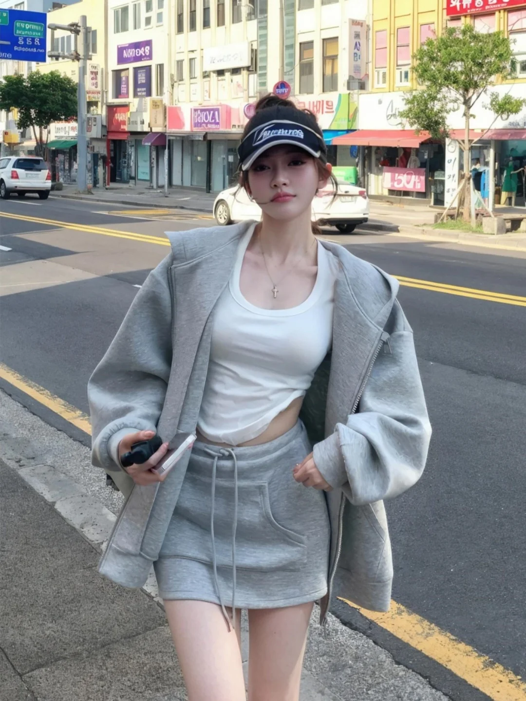 

Korean Sle Hooded Fce Lined Sweater Coat Women's Autumn Winter mid Length Loose ey Top Zipper Closure Long Sve Print