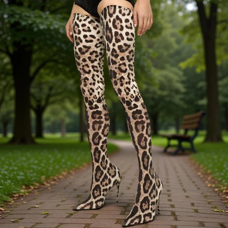 

Stylish Leopard Slim Over The Knee Boots Stretch Fabric Pointed Toe Thin Heels Women Thigh High Boots Female Evening Club Shoes