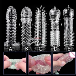 Extension Reusable Condom Penis Sleeve Male Enlargement Time Delay Spike Clit Massager Cover Crystal Clear Condoms Adult Sex Toy