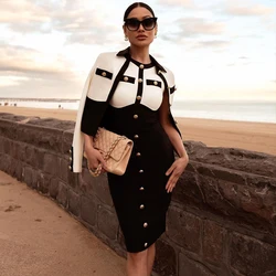 New Arrivals Fashionable  Women's Bandage Set Golden Buttons White Patchwork Black Coat And Sleeveless Bodycon MIini Dress