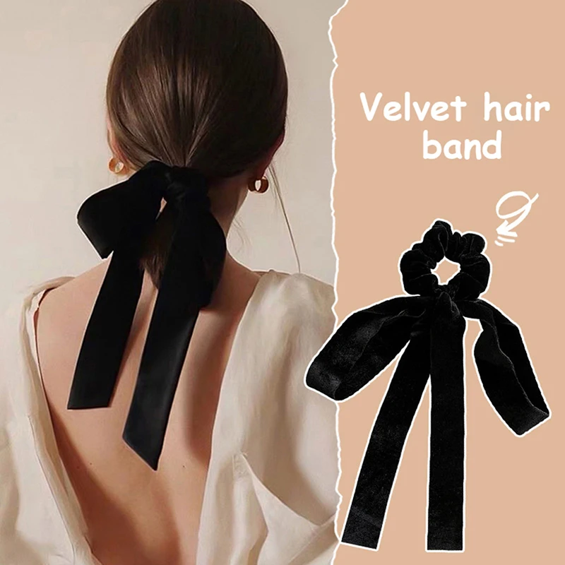 

Fashion Vintage Black Velvet Bow Hair Ribbon Scrunchie for Women Girls Long Elastic Hair Tie Headwear Female Hair Accessories