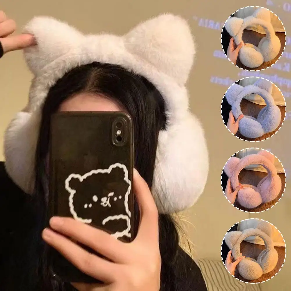 Windproof Ear Cover Retractable Plush Ear Warmers Foldable Cat Ear Earmuffs Fluffy Solid Color Cute Warm Winter Ear Protection