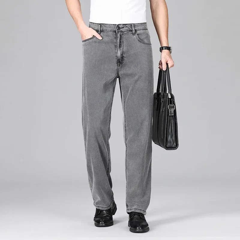 

Ultra-Thin Smokey Gray Straight Baggy Jeans Men Lyocell Comfortable Business Casual Fashion Male Brand Clothing Denim Trousers