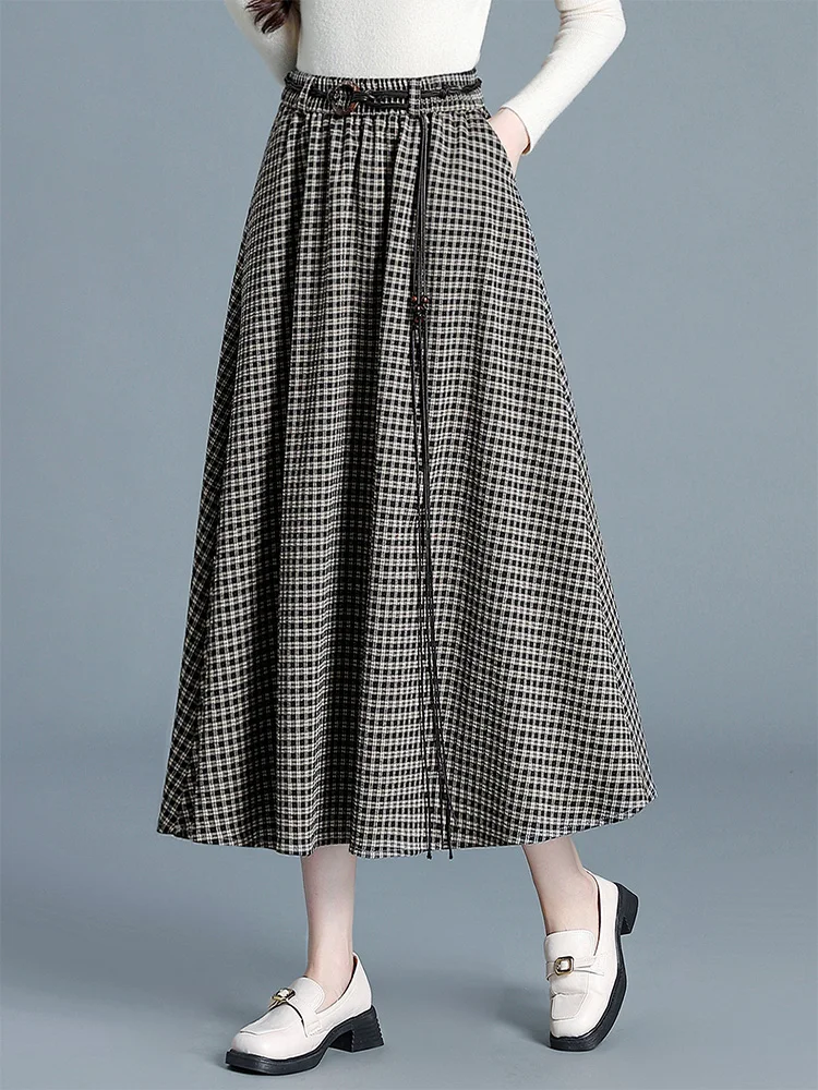 ZUZK Retro Art Plaid Skirt Elastic High Waisted Midi Skirt Korean Style Fashion Retro Versatile Irregular Autumn Umbrella skirt