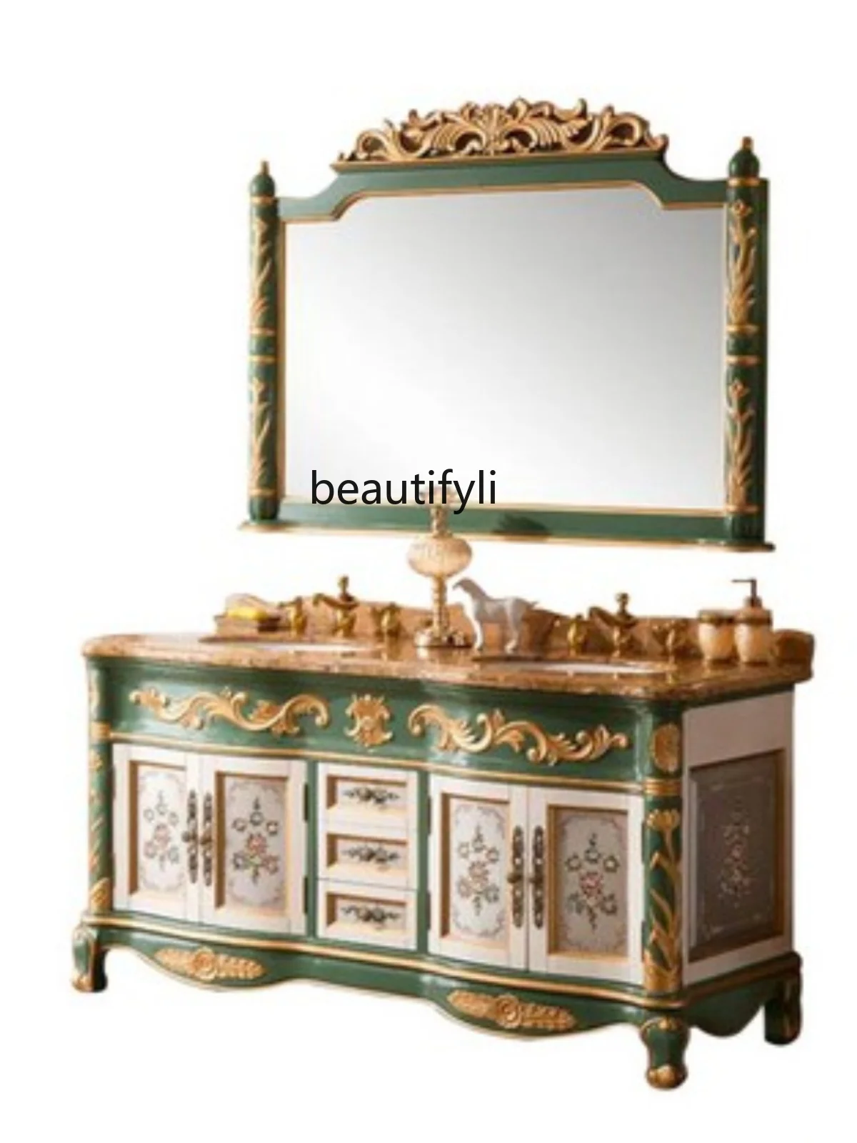 

European style bathroom cabinet combination antique oak painted double basin floor-standing washbasin cabinet advanced