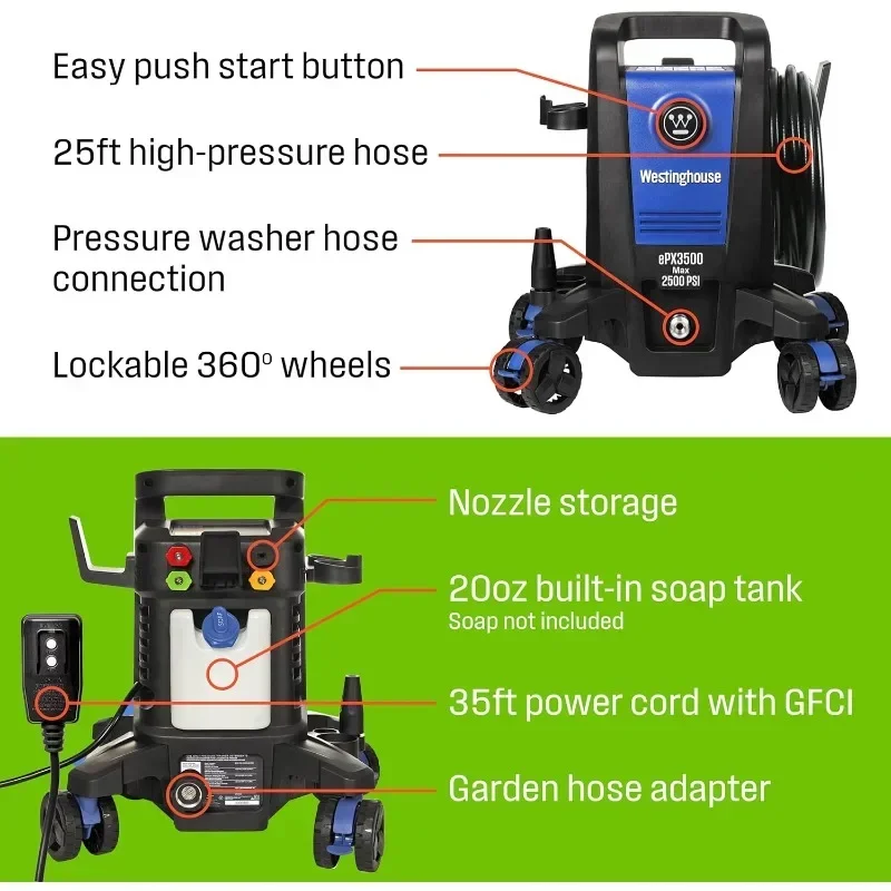 Westinghouse ePX3500 Electric Pressure Washer, 2500 Max PSI 1.76 Max GPM with Anti-Tipping Technology, Onboard Soap Tank