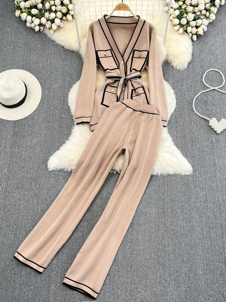 Fashion Women\'s Suits Autumn Long-Sleeve Lace-Up Waist Mid-Length V-Neck Knitted Cardigan Coat+ Wide-Leg Pants Knit Two Piec Set