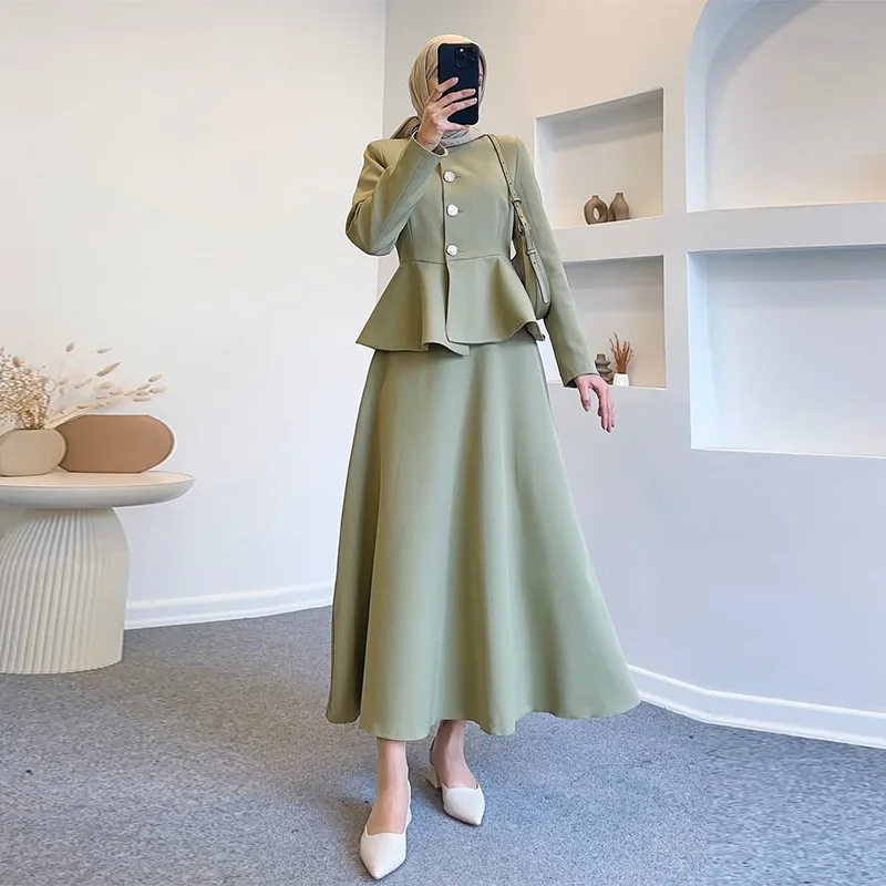 

Women Skirt Suit Eid Muslim 2 Piece Set Coat Long Skirts Ramadan Ruffles Top Morocco Dubai Islam Ensemble Arabic Outfits 2026