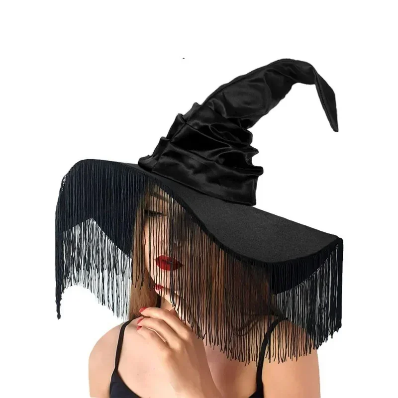 

Halloween Black Tassel Stretch Satin Witch Hat Fringe Witch Hat Party Hats Makeup Prop Cosplay Happy Halloween Party Supplies