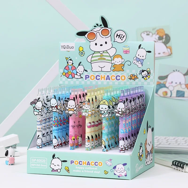 Sanrio 48pcs Gel Pens Cartoon Pochacco Acrylic Patch Press Pen Black Ink 0.5mm Student School Supplies Cute Children's Prizes