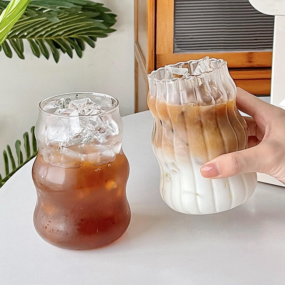 410/650/530ml Irregular Shaped Drinking Glass Wavy Clear Glass Tea Juice Milk Cup Iced Coffee Mug Home Water Glasses Stripe Mug