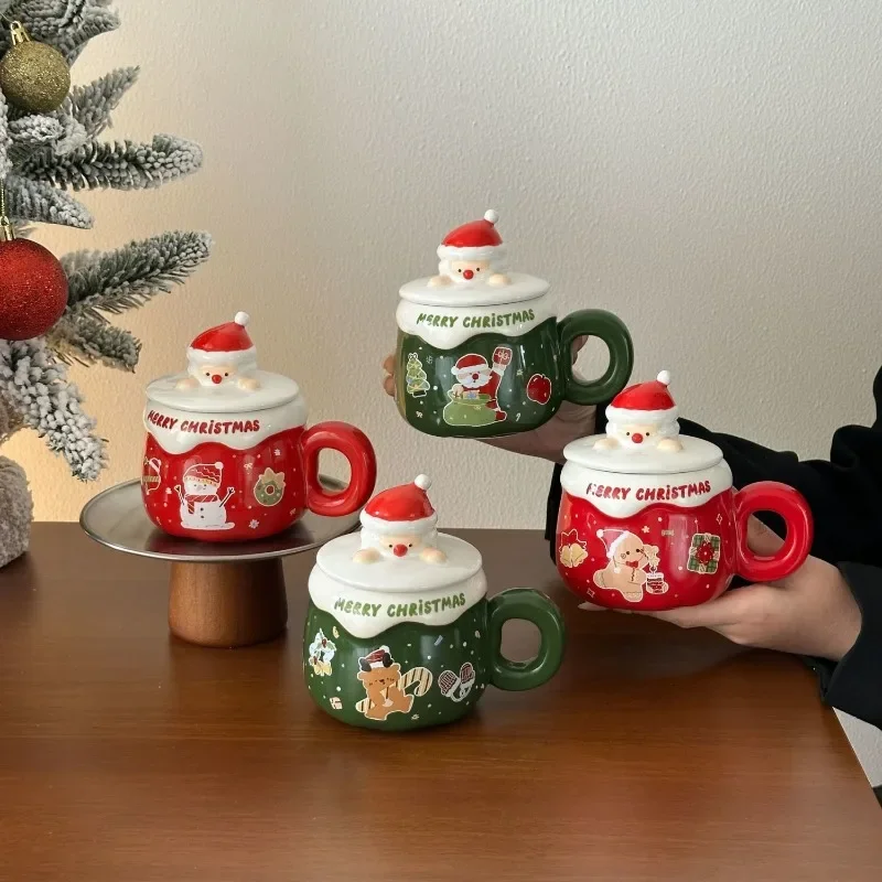 Christmas Gift Santa Claus Reindeer Ceramic Coffee Mug with Lid Spoon Creative Breakfast Drink Mug Afternoon Tea Flower Tea Cup
