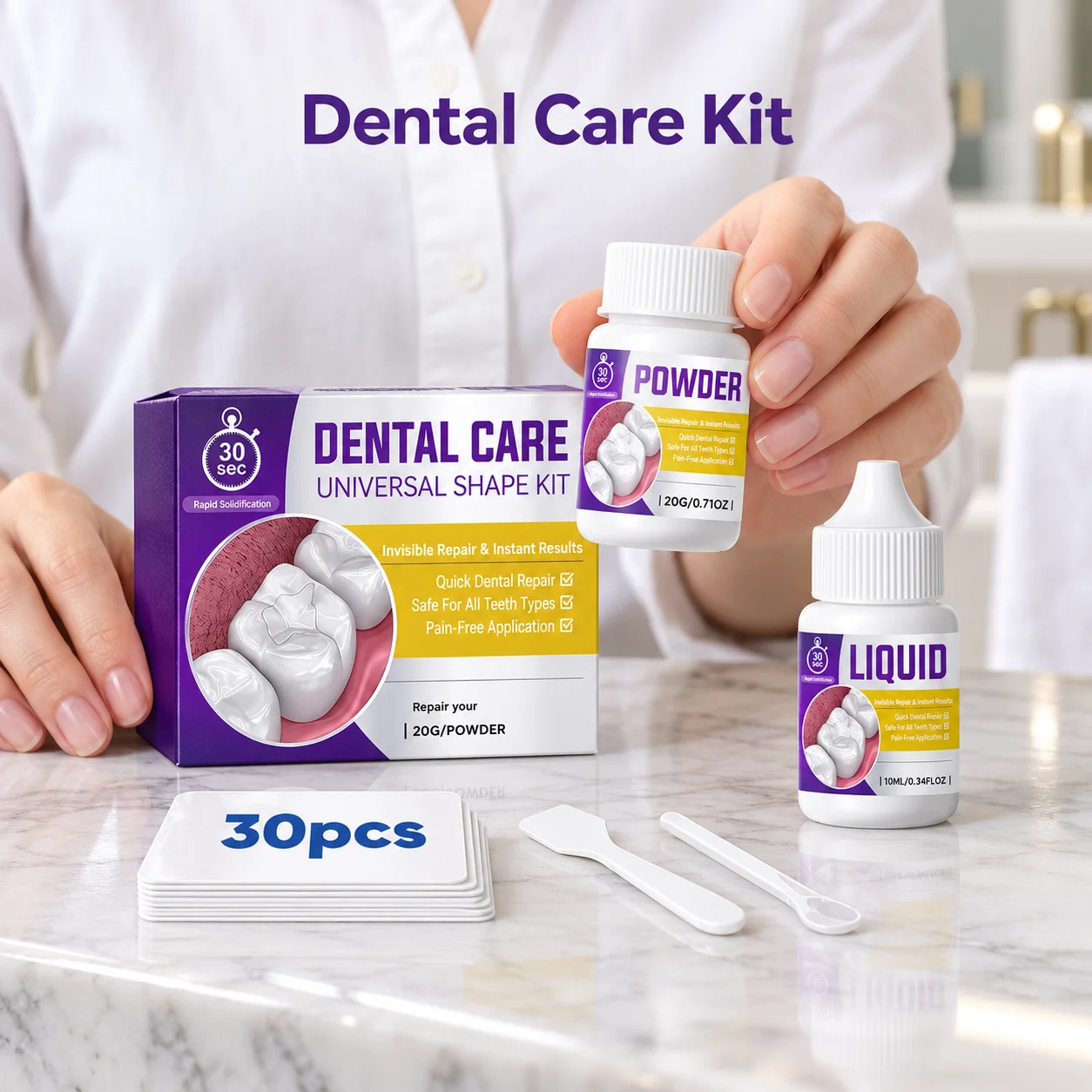 Dental Repair Kit With Separate Powder And Liquid Bottles Plus Handheld Mixing Tools And Sheets For Preparing Dental Material