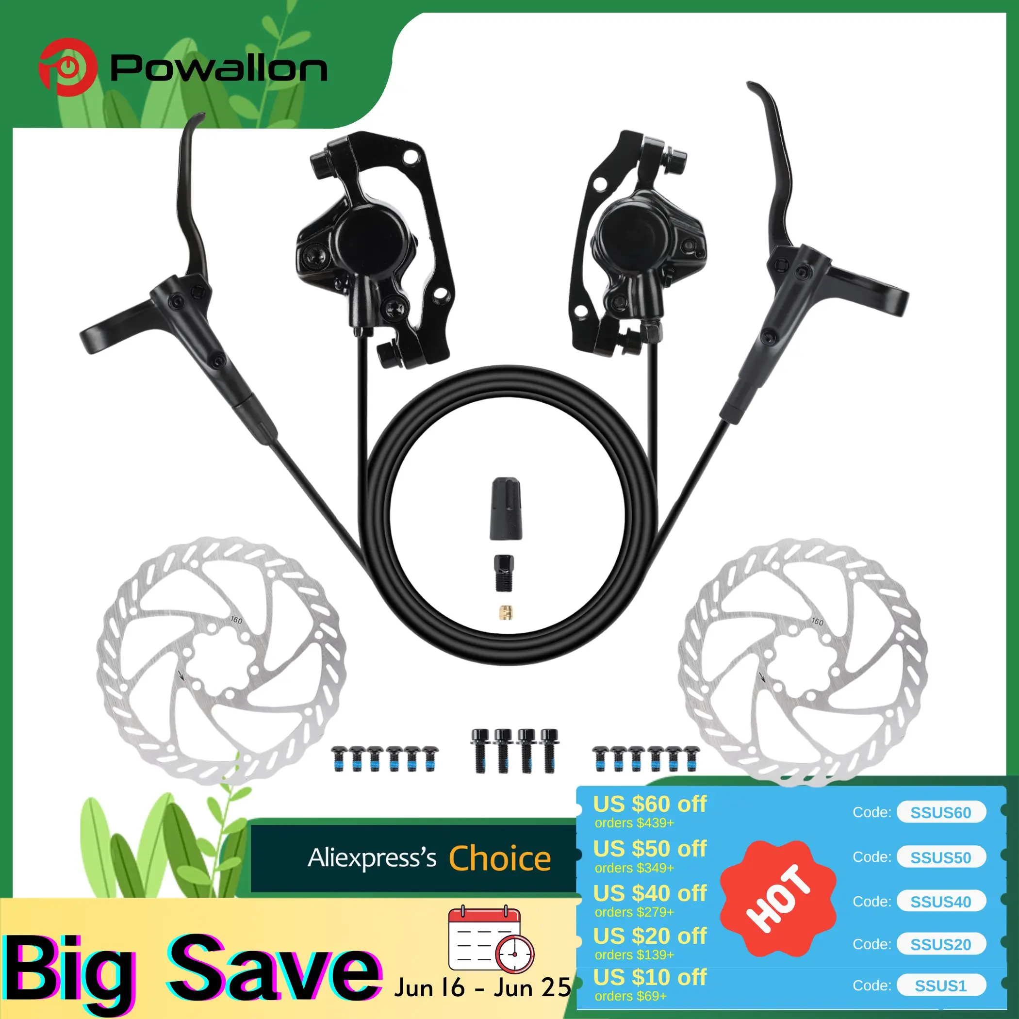 

Hydraulic Disc Brake Set - 1 Pair Full Oil Braking Lever Kit for MTB with 160mm Rotors, Left Front (31.5") & Right Rear (63")