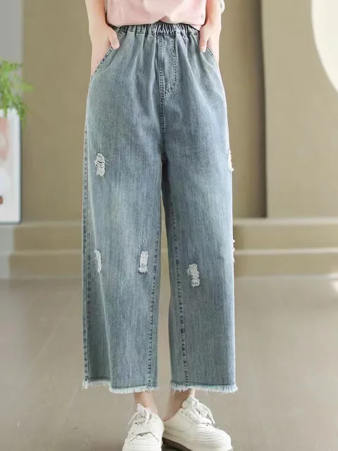 

Loose Wide Leg Jeans Women's High Waist Straight Cut Summer New Style Torn Frayed Nine Point Pants Artistic Large Size