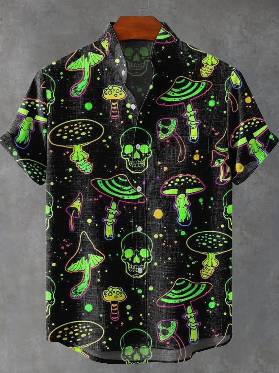 

Summer men's high-quality linen button up shirt casual fantasy mushroom picture printed men's short sleeved shirt