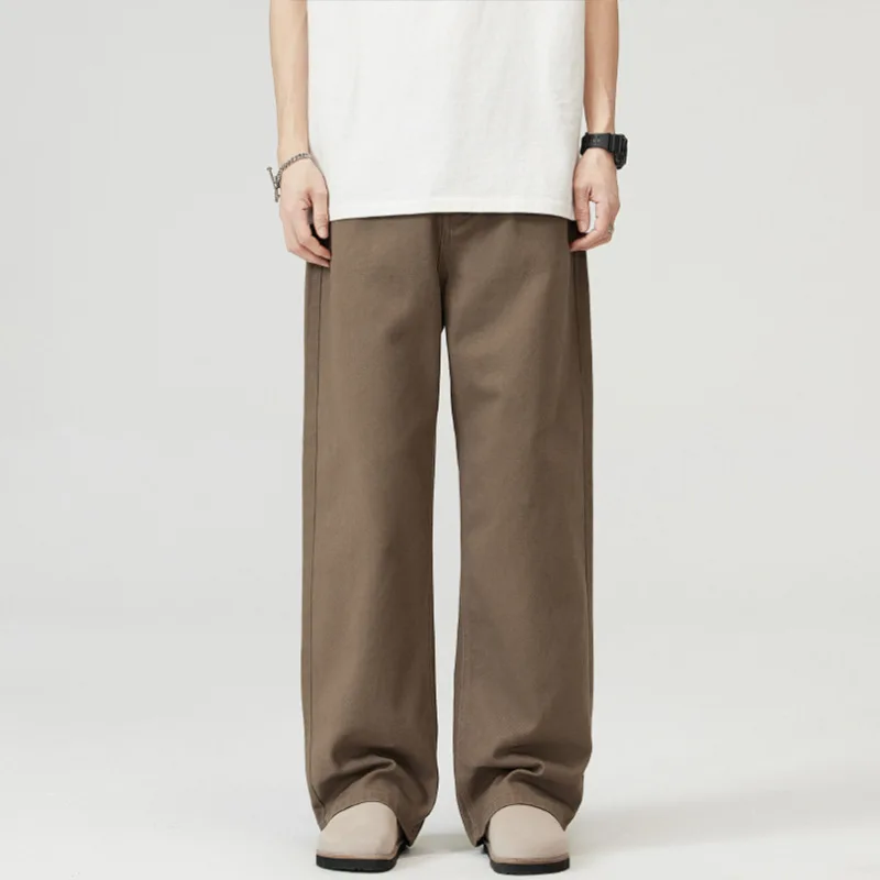 

KIDWHXR Straight-leg Pant Men Simple Solid Color Loose Casual Male Trousers American Retro Washed Versatile Man Denim Pant