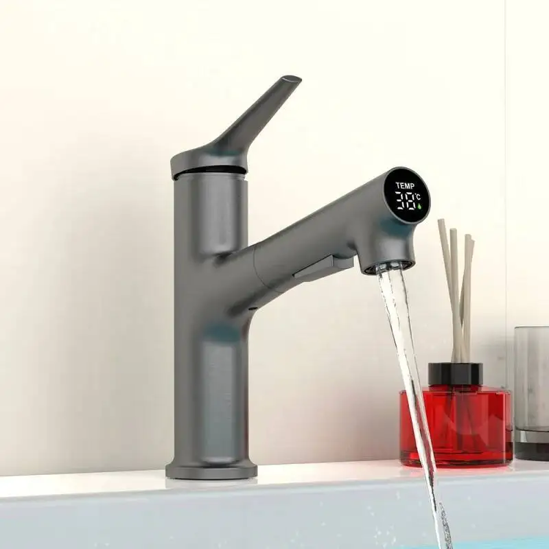 

Temperature Display Pull-Out Basin Sink Hot Cold Mixer Water Tap Single Hole For Bathroom Sinks Faucet Taps
