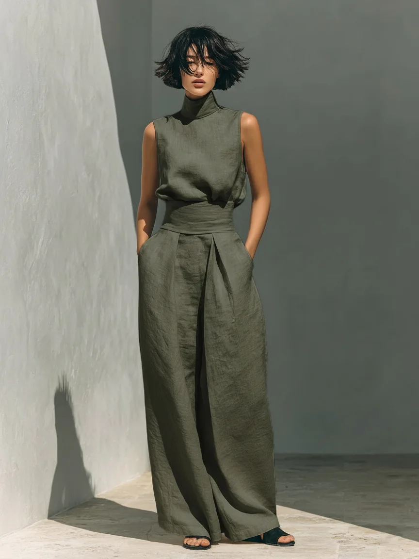 Women's Elegant Commuting Two-piece 2026 Fashionable High Neck Sleeveless Top Paired With Casual High Waisted Wide Leg Pants Set