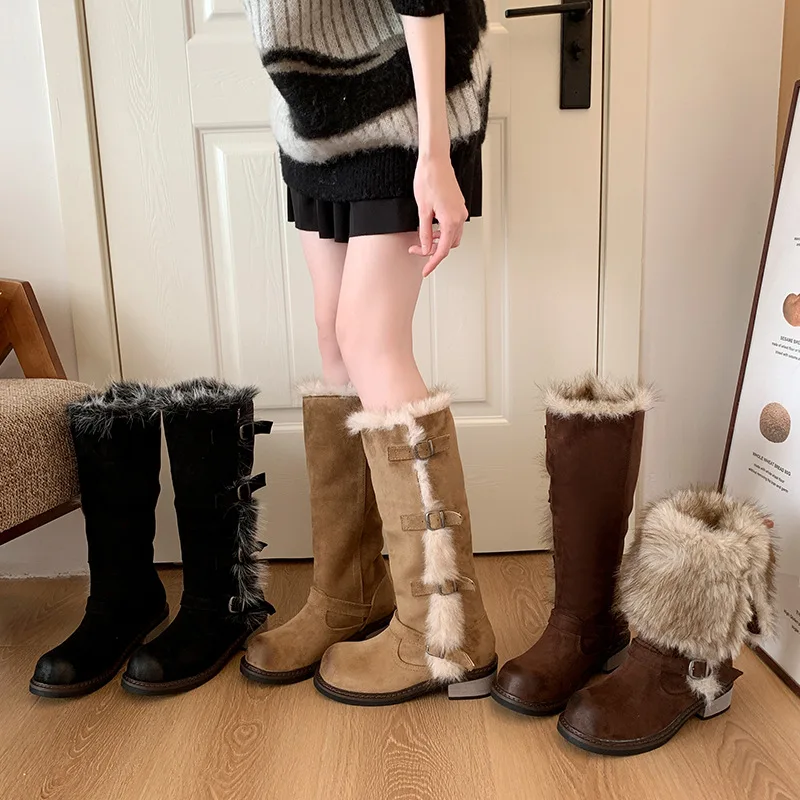 

Women's 2025 Winter Knee High Snow Boots, Plush Lined Warm Buckle Detail Chunky Square Heel Non-Slip Faux Fur Boots