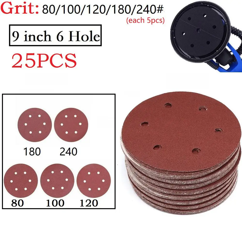 Abrasivi disco abrasivo grana 40-2000 dischi di carta abrasiva 25 pz/set 6 fori 9 pollici allumina auto lucidatura metallo 100 #