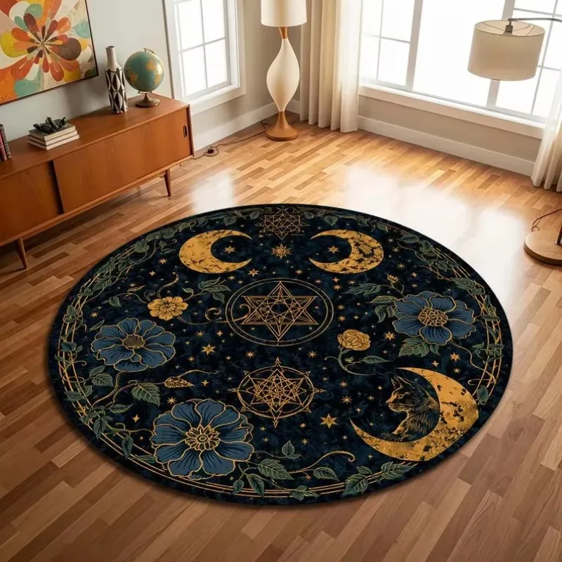Celestial Rug Deep Blue & Gold Moon and Stars Round Rug, Washable Cosmic Carpet Office Garden Patio Indoor Yoga Mat for Reading