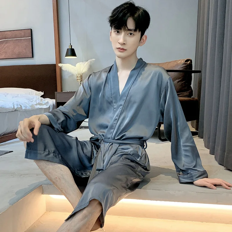 

Мужской халат, ночная рубашка, однотонное атласное кимоно из ледяного шелка, повседневная одежда для сна